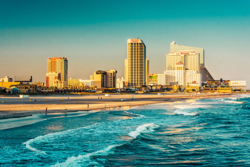 The skyline and Atlantic Ocean in Atlantic City, New Jersey.