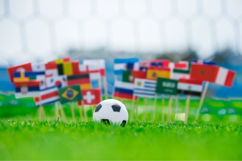 All Flags of Football world cup in Russia 2018. Footbal net in background.