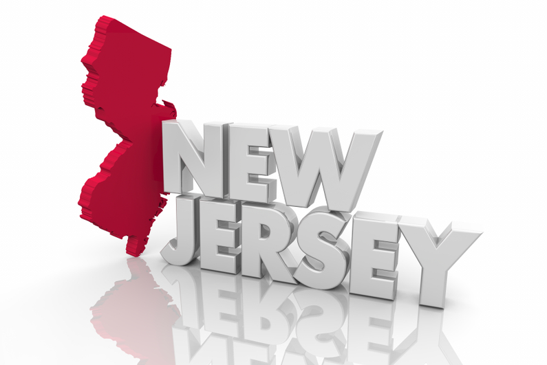 3D New Jersey map in red with large silver letters