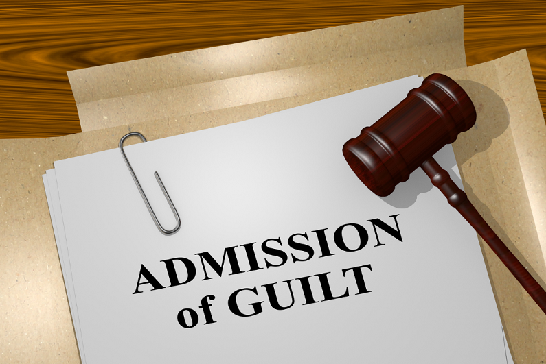 3D illustration of "ADMISSION of GUILT" title on legal document.