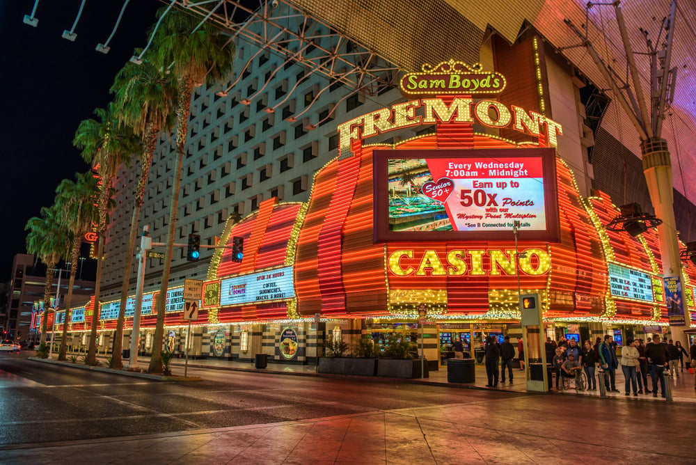 lit-up facade of Fremont Casino property in Las Vegas